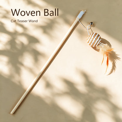 Handwoven Cat Teaser Wand Toy with Bell | Natural Fiber Interactive Play