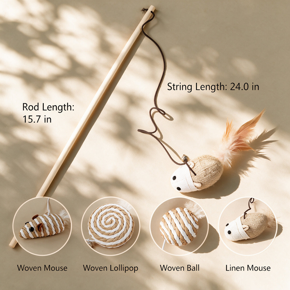 Handwoven Cat Teaser Wand Toy with Bell | Natural Fiber Interactive Play