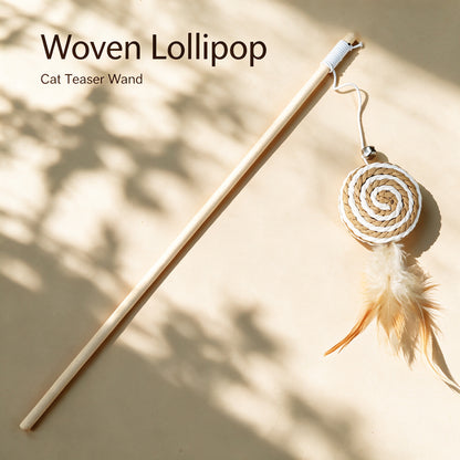 Handwoven Cat Teaser Wand Toy with Bell | Natural Fiber Interactive Play