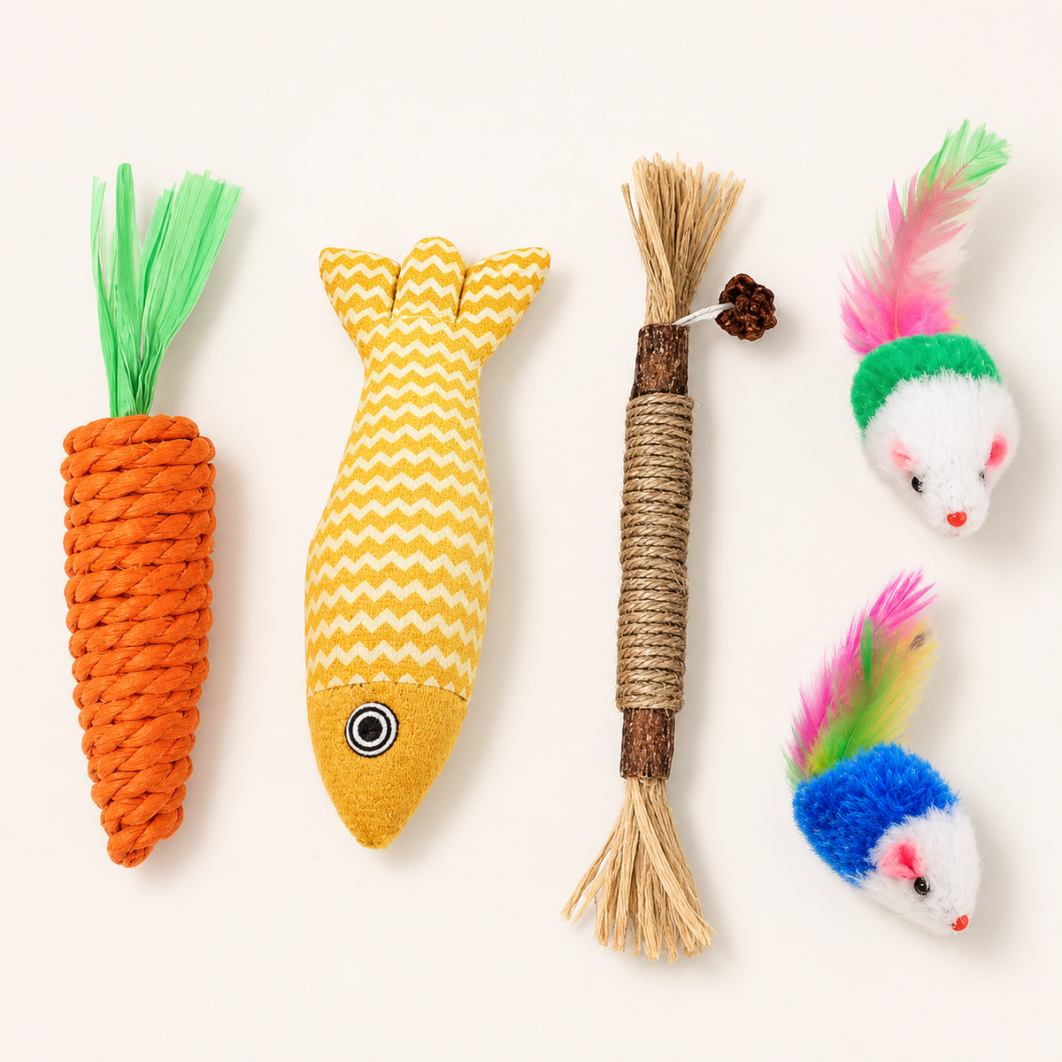 Set B - 6-piece cat toy set with catnip fish, chew stick, carrot toy and 2 colorful toy mice

