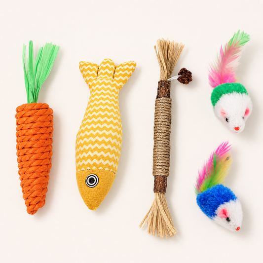 Set B - 6-piece cat toy set with catnip fish, chew stick, carrot toy and 2 colorful toy mice
