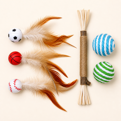 Set C - 6-piece cat toy set with 3 bouncy balls, chew stick and 2 sisal balls