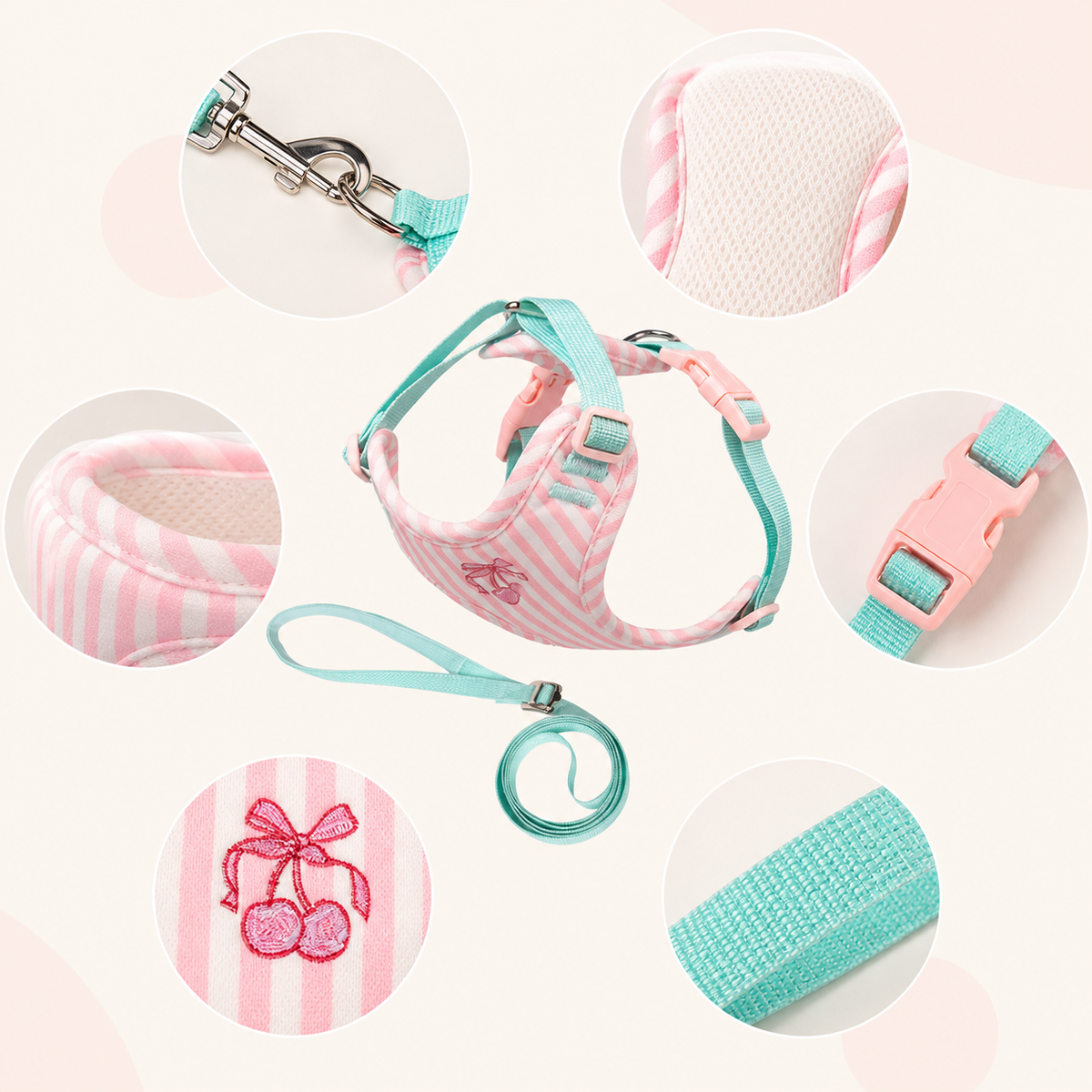 Striped Cherry Dog Harness & Leash Set