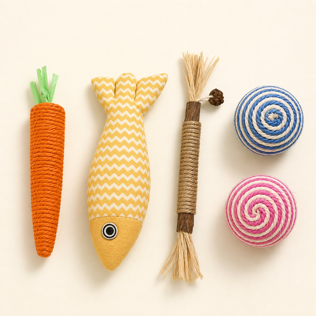 Set A - 5-piece cat teething toy set with catnip fish, chew stick, carrot toy and 2 balls